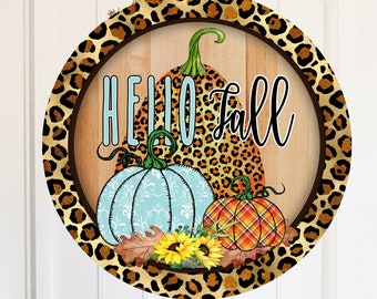 Hallo Herbst Leopard gerahmt Runde blau, kariert und Leopard Kürbisse sofortige Digital Design Sublimation für Hardboard Runde Design Türaufhänger