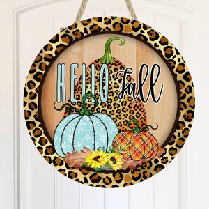 Hallo herfst luipaard ingelijst rond blauw, plaid en luipaard pompoenen instant Digital Design sublimatie voor hardboard Ronde design deurhanger