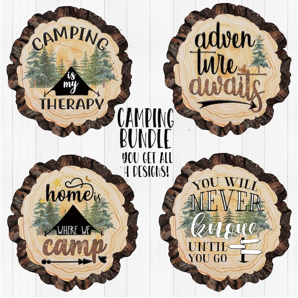 You get 4 Camping designs with imprinted wood slice Digital Design Hardboard Sublimation specifically fits out of the world wood slice shape