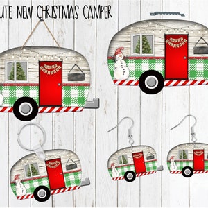 Adorable Christmas Camper - ornament, earrings, door hanger has room to personalize fits ornament to door hanger shape from mssblanks.com