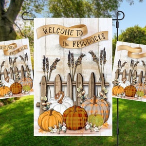 2 design options Fall pumpkins in front of fence with blank ribbon to personalize instant Digital Design sublimation for garden flag 13x19