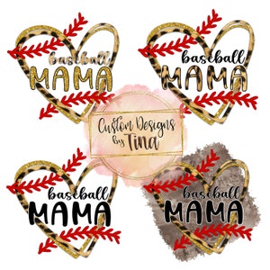 May include: Four digital designs featuring a heart shape with a baseball stitch pattern and the text "baseball mama" in black letters. The hearts are decorated with a leopard print and gold glitter.