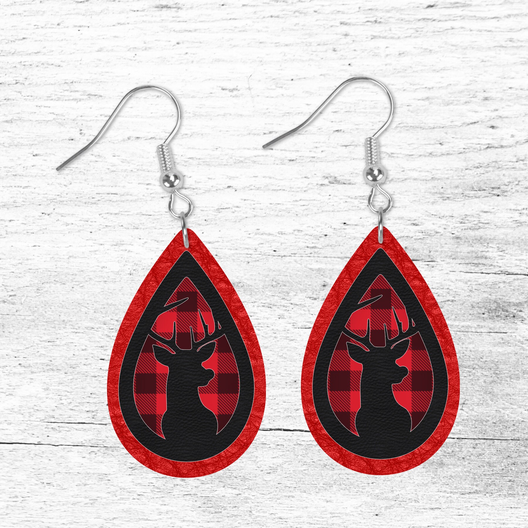 Deer head on buffalo plaid with both red/black and black/white plaid design options digital designs for sublimation teardrop earring shape