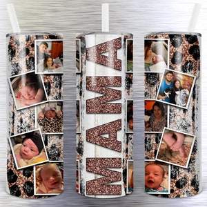 May include: A white stainless steel tumbler with a rose gold glitter design and the word "MAMA" in rose gold glitter. The tumbler is decorated with photos of a family, including a baby, a couple, and a child.