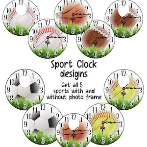 May include: Set of eight clock faces featuring different sports: baseball, basketball, football, soccer, and softball. Each clock face has a green grass background and a white border with black numbers.