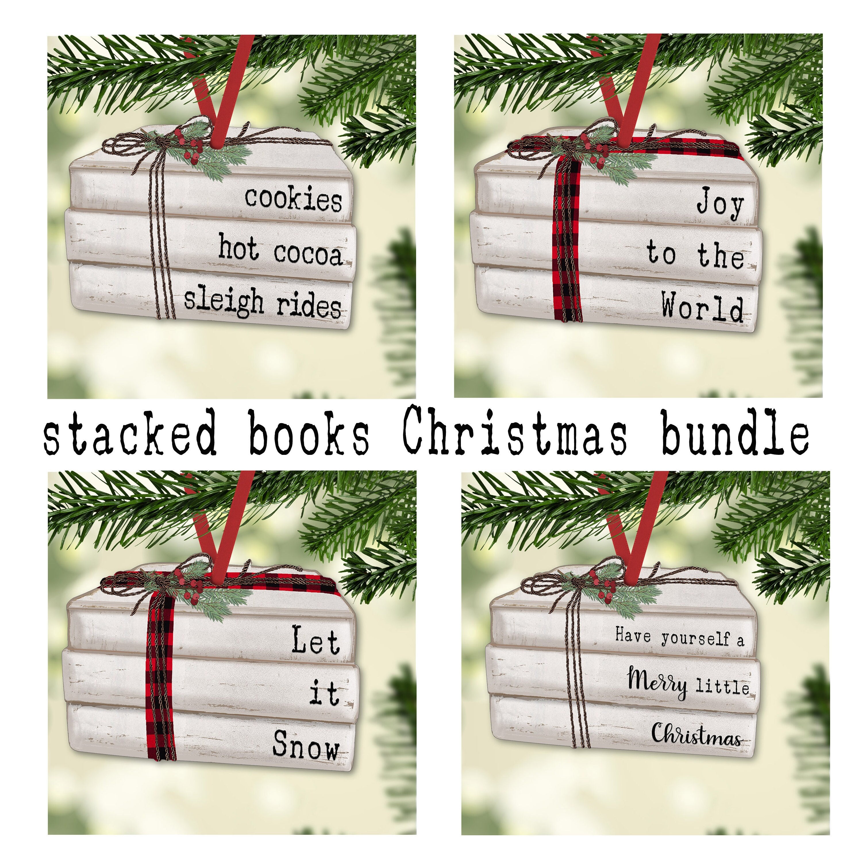 Christmas themed Stacked books ornament 4 instant download digital designs for Sublimation fits www.PSCreation.org 3 book stacked ornament