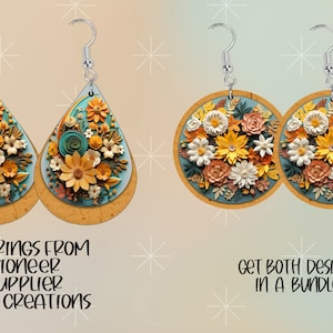 Puede incluir: Dos pares de pendientes florales. Un par tiene forma de lágrima con fondo azul y el otro par es redondo con fondo azul. Ambos pares presentan flores de papel amarillas, blancas y naranjas.