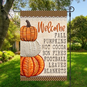 Welcome Fall stacked pumpkins fall words activities listed stitched AI pumpkins instant download digital design for sublimation garden flag