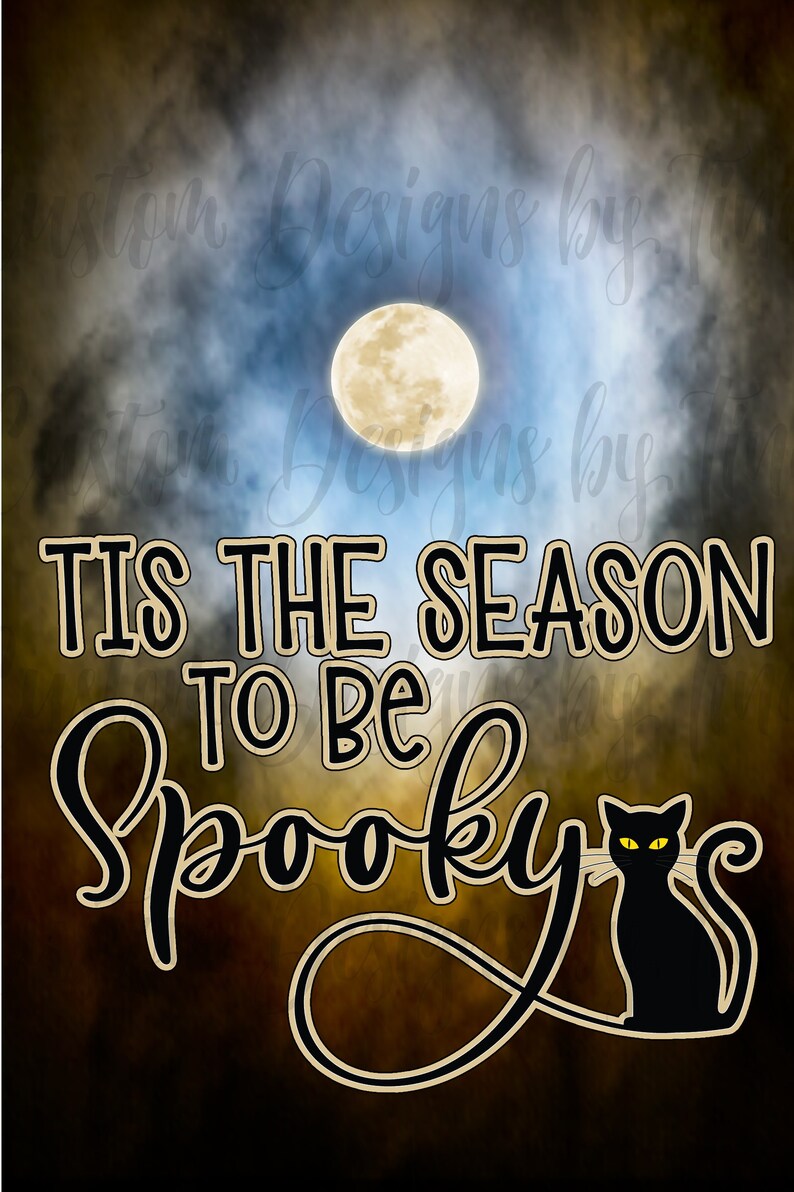Pode incluir: Um gato preto com olhos amarelos senta-se em frente a um gr&aacute;fico de Halloween assustador que diz "Tis the season to be spooky". O gr&aacute;fico est&aacute; sobre um fundo de lua cheia e nuvens.