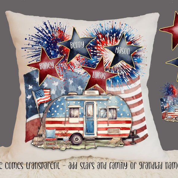 Patriotic 4th of July camper fireworks flag add stars with names for grandkids family etc.  Instant download digital for sublimation.