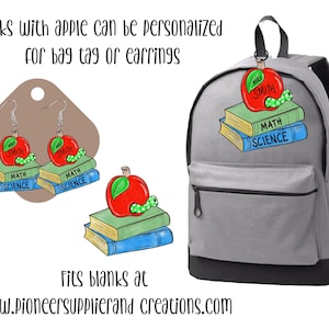 May include: A gray backpack with a red apple and books with the text "Mrs. Smith, Math, Science" on it. The backpack is for bag tags or earrings.