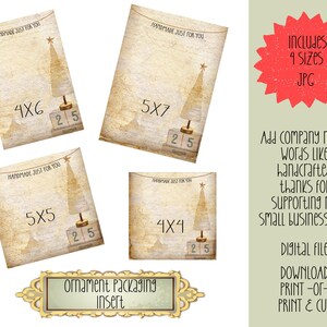 May include: Four printable ornament packaging inserts with a rustic, vintage design. Each insert features a Christmas tree, the words "Handmade Just For You", and a size option: 4x6 inches, 5x7 inches, 5x5 inches, and 4x4 inches. The inserts are perfect for adding a personal touch to your handmade ornaments.