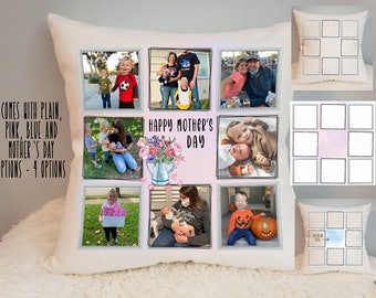 May include: A white square pillow with a photo collage design. The collage features nine square photo frames, some filled with family photos. The words "HAPPY MOTHER'S DAY" are in the center. The pillow also has text that says "COMES WITH PLAIN, PINK, BLUE AND MOTHER'S DAY OPTIONS - 4 OPTIONS".