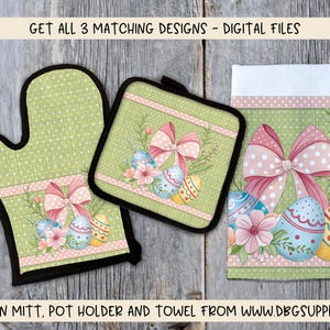 Puede incluir: Un conjunto de tres artículos de cocina con un patrón de lunares verde y blanco, un lazo rosa y huevos de Pascua pastel. El conjunto incluye un guante para horno, un posavasos y una toalla de cocina.  GET ALL 3 MATCHING DESIGNS - DIGITAL FILES