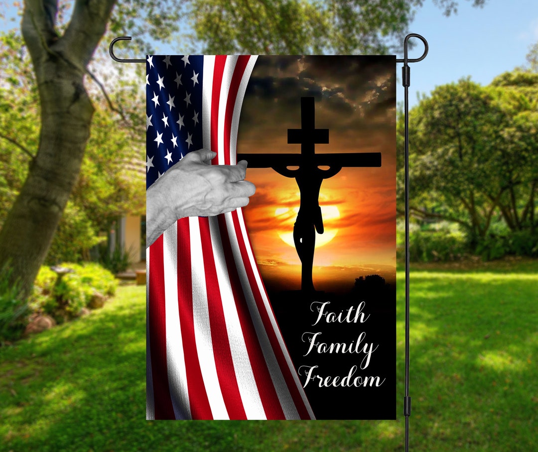 Faith Family Freedom U.S. Flag Pulled Back to Sunset Crucifix 13 X 19