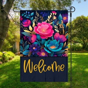 Lebendige Farbe Juwel Ton Blumen sagen willkommen, dass Sie aus der Ferne sofortigen Download digitale Design für Sublimation Garten Flagge bemerken werden Bild 1
