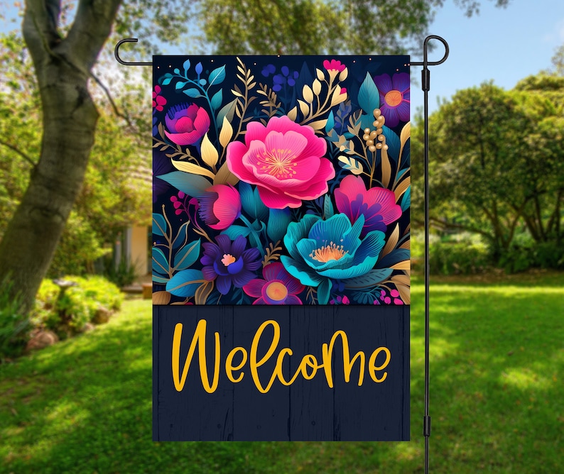 Lebendige Farbe Juwel Ton Blumen sagen willkommen, dass Sie aus der Ferne sofortigen Download digitale Design für Sublimation Garten Flagge bemerken werden Bild 1