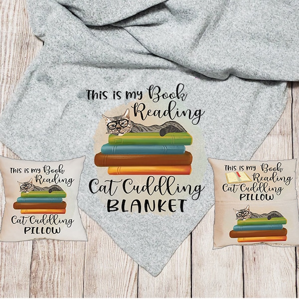 Book reading cat cuddling design comes with full pillow, pocket pillow & blanket designs instant download digital designs for sublimation