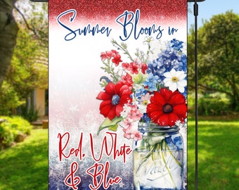 Sommerblüten in rot weiß und blau 4th of Juli patriotische niedliche Sommergarten Flagge sofortiger Download Digital Design für Sublimationsflagge 12x18