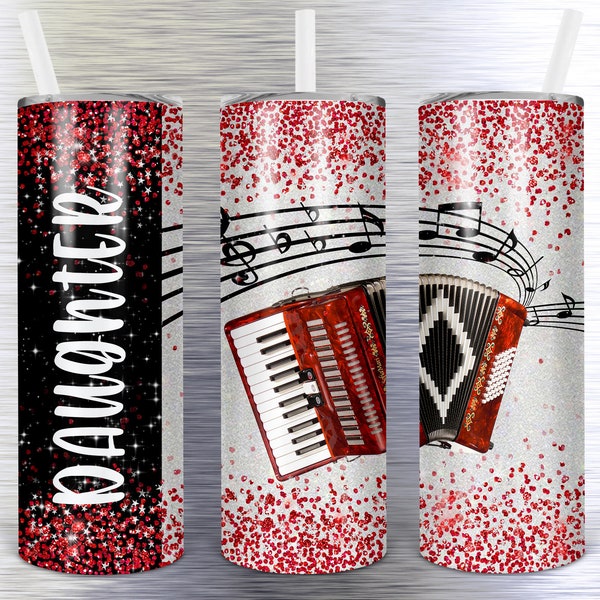 red and black glitter music notes and accordion add name instant digital download for sublimation 20 oz. skinny tumbler straight and tapered