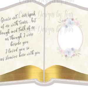Porta-retratos transparente com verso memorial de livro aberto com 2 opções de design, vegetação e flores Design digital para sublimação OOTWD livro em branco