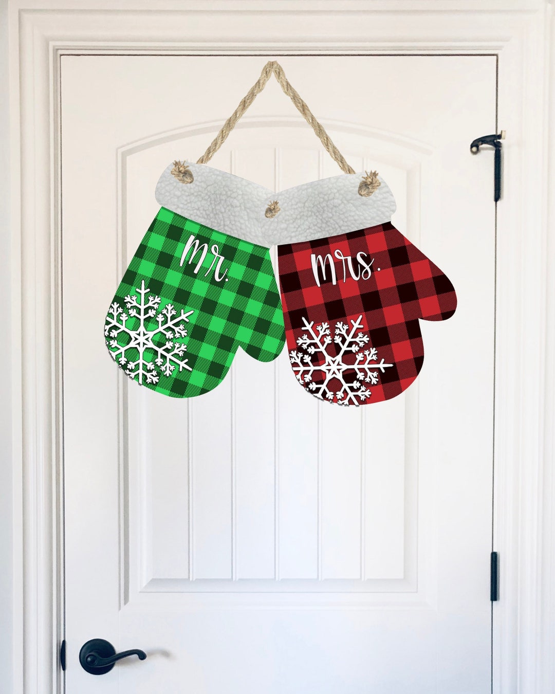 Red and Green Plaid Mittens With Snowflake Fits Ornaments to