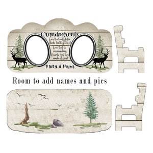 May include: A wooden sign with a rustic background and two photo frames. The sign reads "Grandparents Ears that really listen Hands that hug & held Love that is neverending Hearts that are made of Gold Mimi & Papa". The sign also has a deer silhouette on each side of the photo frames. The sign is meant to be used as a personalized gift for grandparents.