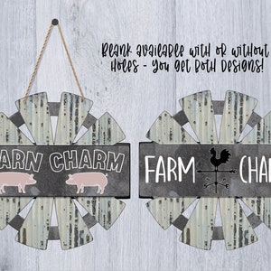 May include: Two farmhouse style signs with a metal windmill design. The signs are black with white text. One sign says "Barn Charm" with two pink pigs. The other sign says "Farm Charm" with a rooster and a weathervane.