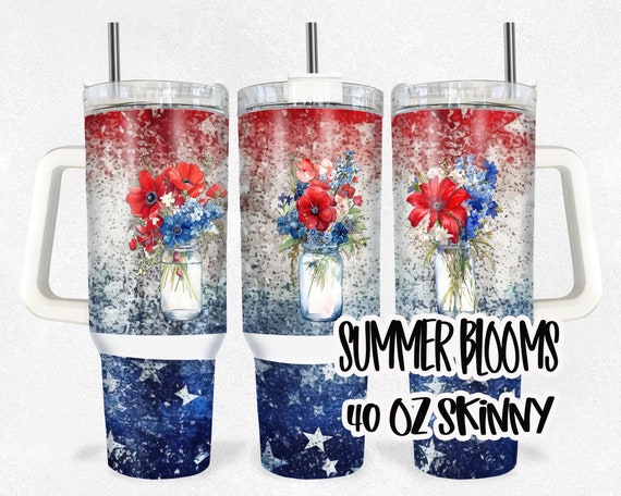 40 oz drink cup summer blooms red white blue instant download digital  design sublimation comes with separate straight top and tapered bottom