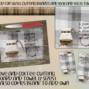 Coffee cutting board and towel in 2 sizes instant download digital design for sublimationfits glass cutting board and 11x18 and 15x25 towels