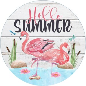 Hello Summer cute Flamingos and dragonflies instant download digital design for sublimation - can use on any size round blank