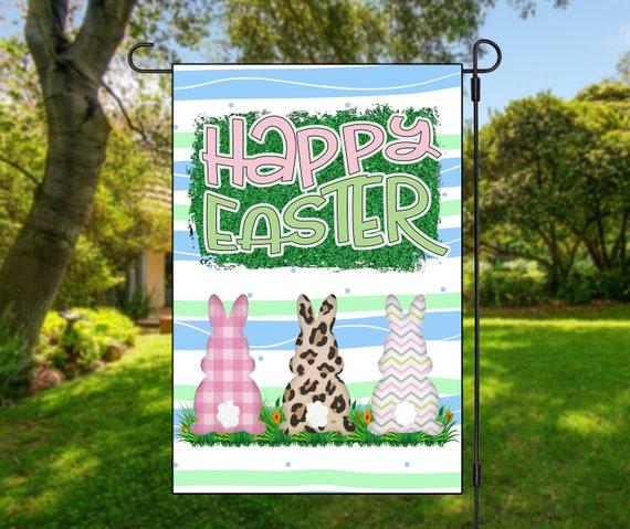 Happy Easter with 3 cute bunnies Garden flag Digital Design for Sublimation plaid leopard and chevron patterned bunnies