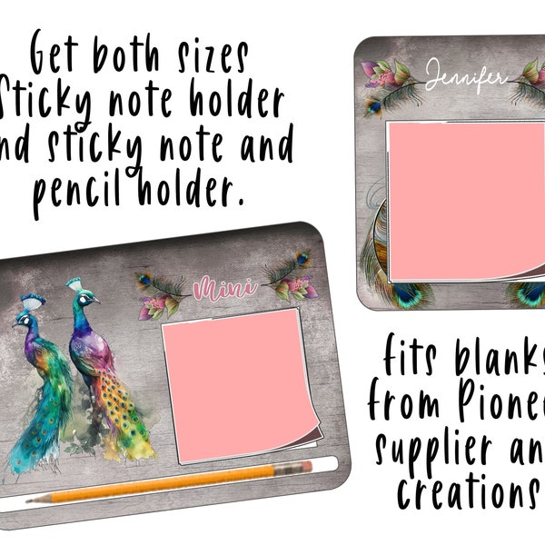 Sticky Note holder with pencil Peacocks you get both designs instant download for Sublimation fits www.PSCreation.org sticky note holders