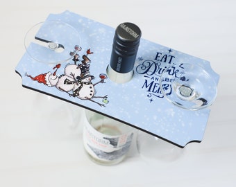 Eat Drink And Be Merry  - Christmas Wine Caddy - Christmas Wine Glass Holder - Snowman Wine Holder -Snowman Wine Caddy - Wine Lover Gift