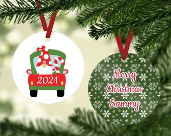 Gnome Christmas Ornament - Christmas Gnome Ornament - Gnome in Truck Ornament - Christmas Truck Ornament - Personalized Ornament - Red Truck