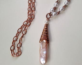 Stick Pearl and Copper Necklace