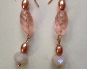 Czech Pink Beads with Rose Gold Plated Earrings