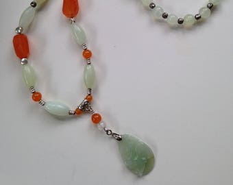 Jadeite and Carnelian necklace with Carved Rabbit Pendant Drop