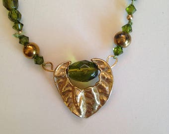 Green Crystal and Brass Necklace