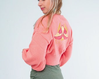 Rosy Maple Moth Crop top Cardigan With Bishop Sleeves