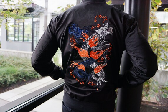 Double Dragon Embroidered Bomber Jacket (fitted) in Black and Tan