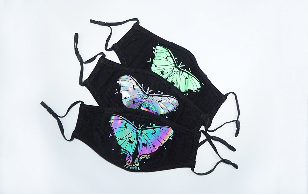 Luna Moth Face Mask: Glow, Reflective, Holographic Cotton With