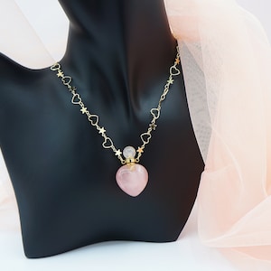 Love Potion: Genuine Stone Heart Shaped Perfume Bottle Necklace. Gift for perfume lovers. Amethyst, Rose Quarts, Crystal, Fluorite.