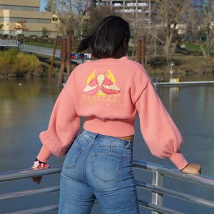 Rosy Maple Moth Crop top Cardigan With Bishop Sleeves