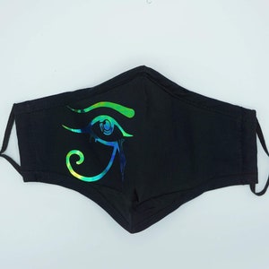 May include: Black face mask with a green, blue, and iridescent eye of Horus design.