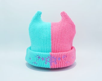 Mint and Pink Two Tone Horned Oni Beanie