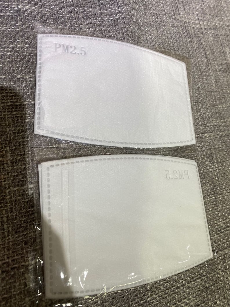 May include: Two white PM2.5 air filter replacements packaged in clear plastic.