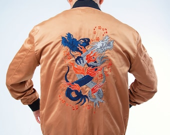 Shinjidai Double Dragon Embroidered Bomber Jacket (Fitted)