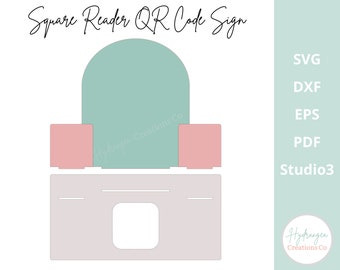 May include: A printable sign for a Square Reader QR code. The sign is a light gray rectangle with a rounded top. The top is a light green arch. There are two light pink rectangles on either side of the arch. The sign has the text "Square Reader QR Code Sign" at the top.