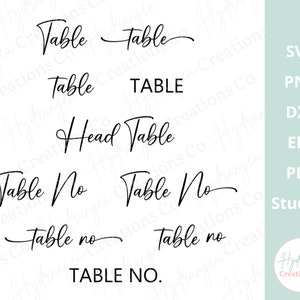 May include: A set of eight table number designs in black script font. The designs include "Table", "TABLE", "Head Table", "Table No", "Table no", and "TABLE NO."